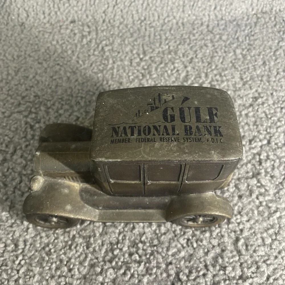 1970's Vintage Banthrico Cast Metal Coin‎ Bank  Ford Car Brass Finish USA